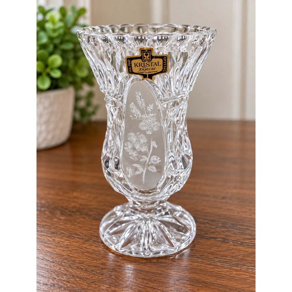 Kristal Zajecar 24 Lead Crystal Bud Vase Etched Floral Frosted Yugoslavia 4.75in